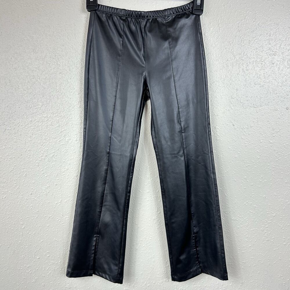 Black Faux Leather Pants FABKIDS Girls Size S 6/7 Elastic Waist Split Hem